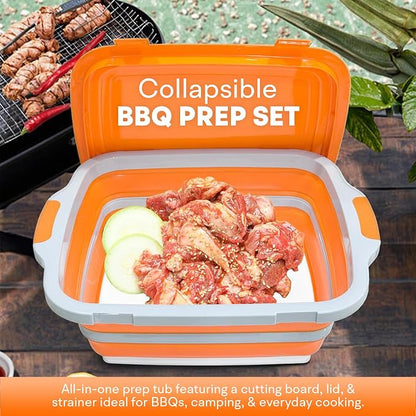 Pamper Paws 2-pack XL Collapsible BBQ Prep Tub with Cutting Board – Foldable Food Prep Container for Outdoor Cooking & Kitchen Use – Space Saving Collapsible Wash Tub, Portable BBQ Prep Tub (Orange)