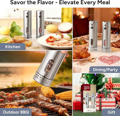 Rechargeable Electric Salt and Pepper Grinder Set - Mess-Free External Adjustable Coarseness, Stainless Steel Automatic Pepper Mill and Salt Grinder with Storage Base, Large Capacity, LED Light, USB-C