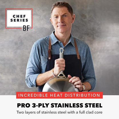 GreenPan x Bobby Flay Stainless Steel 12” Frying Pan Skillet & Glass Lid, Professional Grade Tri-Ply, Multiclad, PFAS-Free Ceramic Nonstick, Induction Suitable, Dishwasher & Oven Safe,Stay Cool Handle
