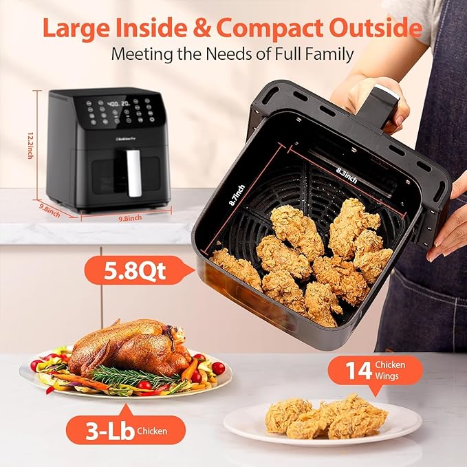 Beelicious Large Air Fryer, 12-in-1 Digital Airfryer with Window, 5.8Qt, 40+ Recipes, Flavor-Lock Tech, Dishwasher Safe,Shake Reminder, Compact, Quiet, Nonstick Air Fryers. Black