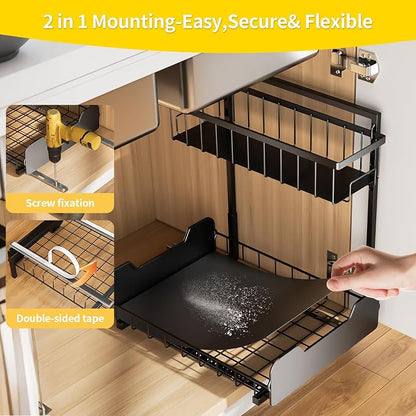 PureBox Under Sink Organizer, 2-Tier L-Shaped Pull Out Cabinet Shelf with 2 Installation Methods, Adjustable Sliding Storage Drawer for Kitchen, Bathroom, Laundry, Metal, Black, 2-Pack