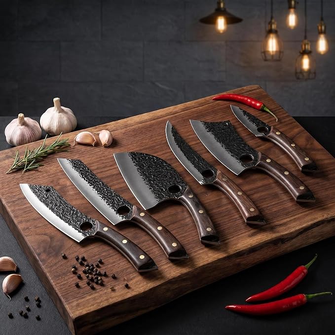 6PCS Hand Forged Kitchen Knife Set, High Carbon Steel Chef Knives with Wenge Wood Handle, Sharp Cleaver & Butcher Knives Set for Kitchen Cooking, Hammered Blade, Leather Sheaths Included