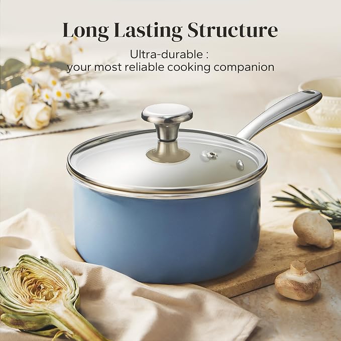 Redchef Saucepan & Frying Pan Set, 8" Ceramic Frying pan & 2.5Qt Saucepan with Lid, Cookware Set, Induction Compatible, Nontoxic PTFE PFOA Free, Oven & Dishwasher Safe, Blue