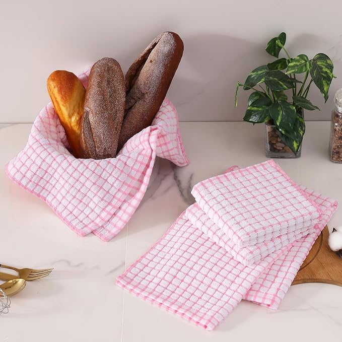 Homaxy Kitchen Towels and Dishcloths Set, 16 x 25 and 12 x 12 Inches, Set of 12 Cotton Terry Kitchen Dish Towels, Super Soft and Absorbent Dish Cloths, Pink