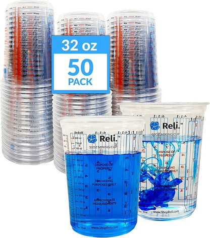 Reli. (50 Pcs) 32 oz (1 quart) Paint Mixing Cup | Disposable Measuring Cups | Clear Plastic Mixing | Use for Paint, Epoxy, Resin, Pigments (32oz)