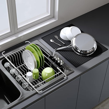 JASIWAY Dish Drying Rack in Sink with Mat, Expandable Stainless Steel Dish Drainers for Kitchen Counter, Space Saving Dish Dryer Rack for Inside Sink, Over Sink Dish Racks with Utensil Holder