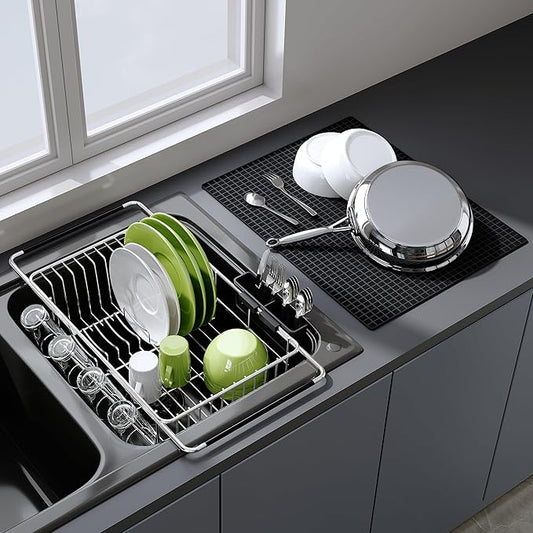 JASIWAY Dish Drying Rack in Sink with Mat, Expandable Stainless Steel Dish Drainers for Kitchen Counter, Space Saving Dish Dryer Rack for Inside Sink, Over Sink Dish Racks with Utensil Holder