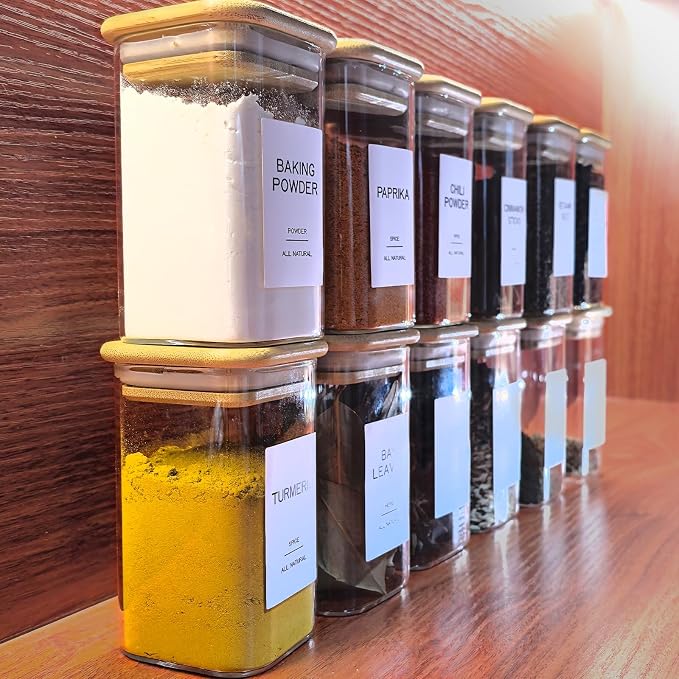 12 Pcs Glass Spice Jars with Bamboo Airtight Lids & 201 Labels - 8oz Square Small Empty Food Storage Containers for Kitchen, Seasonings, Herbs, Salt