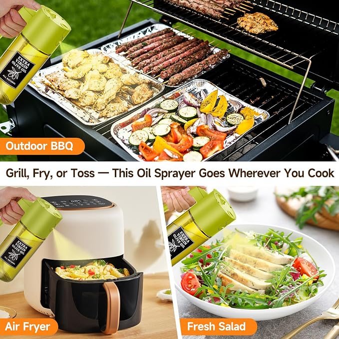 500ml Green Olive Oil Sprayer, Dark-Tinted Glass Spray Bottle for Salad, Air Fryer Vegetables, Controlled Oil Use, Refillable 2-in-1 Dispenser
