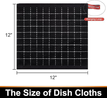 Mordimy 100% Cotton Terry Cloth Dish Cloths, Soft and Absorbent Checkered Dish Towels, Quick Drying Dish Rags for Washing Dishes, 6 Pack, 12 x 12 Inches, Black