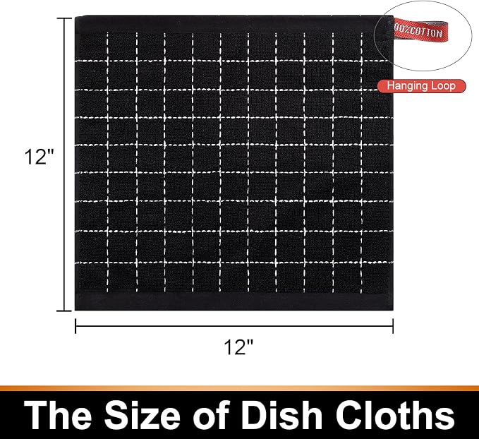 Mordimy 100% Cotton Terry Cloth Dish Cloths, Soft and Absorbent Checkered Dish Towels, Quick Drying Dish Rags for Washing Dishes, 8 Pack, 12 x 12 Inches, Black