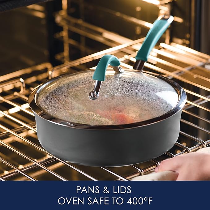 Rachael Ray Cucina Dishwasher-Safe Hard-Anodized Pots and Pans Set Non Stick Cookware, 12 Piece, Gray with Agave Blue Handles