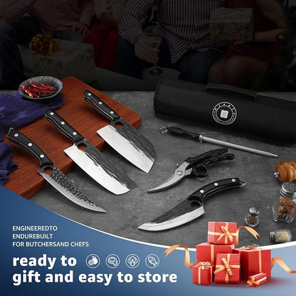 TIVOLI Professional Butcher Knife Set for Meat Processing, 7Pcs High Carbon Steel Hand Forged BBQ Knife Sets, Serbian Chef Knife Set with Ergonomic Handle for Kitchen Outdoor Cooking Gifts