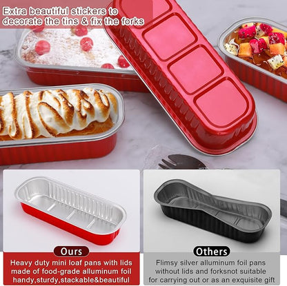 200Pack Disposable Aluminum Pans Valentines Mini Cake Containers with Lids and Spoons and Stickers, 6.8Oz Loaf Pans for Baking Bread, Dessert Cups with Lids for Party, Picnics, Celebration