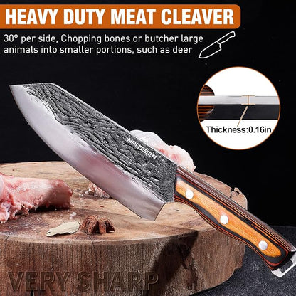 Naitesen 4PCS Hand Forged Butcher Knife and Kitchen Knife 2 in 1 Set, Heavy Duty Meat Cleaver Serbian Chef Knife Breaking Knife Boning Knife for Meat Cutting BBQ Gifts for Men Women