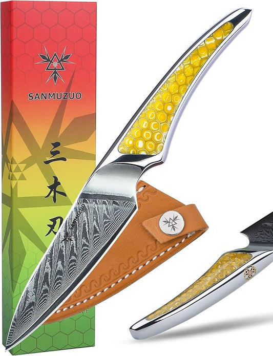 3.5 inch Paring Knife, Japanese VG-10 Damascus Steel Kitchen Knife, Ultra Sharp Fruit Knife with Full-tang Handle in Yellow Resin, LA-S9 Series