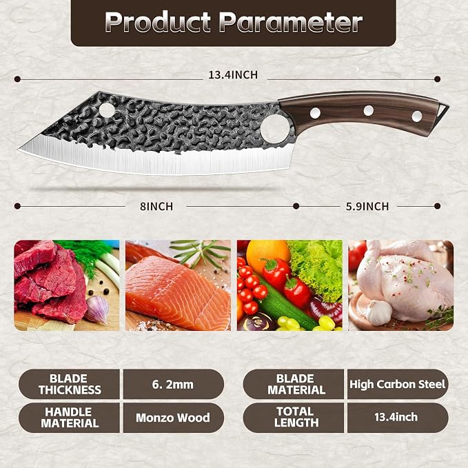 Purple Dragon Kitchen Knife 8 Inch Ultra Sharp Japanese Butcher Knife for Meat Cleaver Vegetable Cutting with Finger Hole Hand Forged High Carbon Steel Chef Knives Christmas Gift for Men and Women