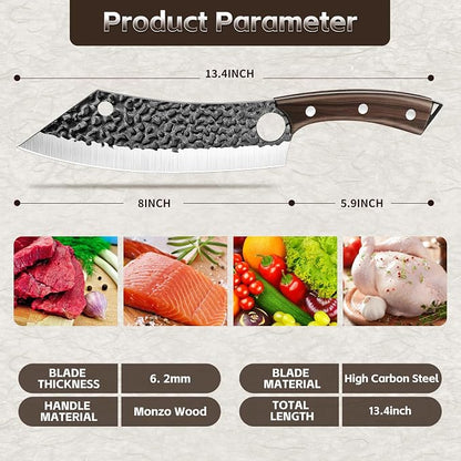 Purple Dragon Kitchen Knife 8 Inch Ultra Sharp Japanese Butcher Knife for Meat Cleaver Vegetable Cutting with Finger Hole Hand Forged High Carbon Steel Chef Knives Christmas Gift for Men and Women