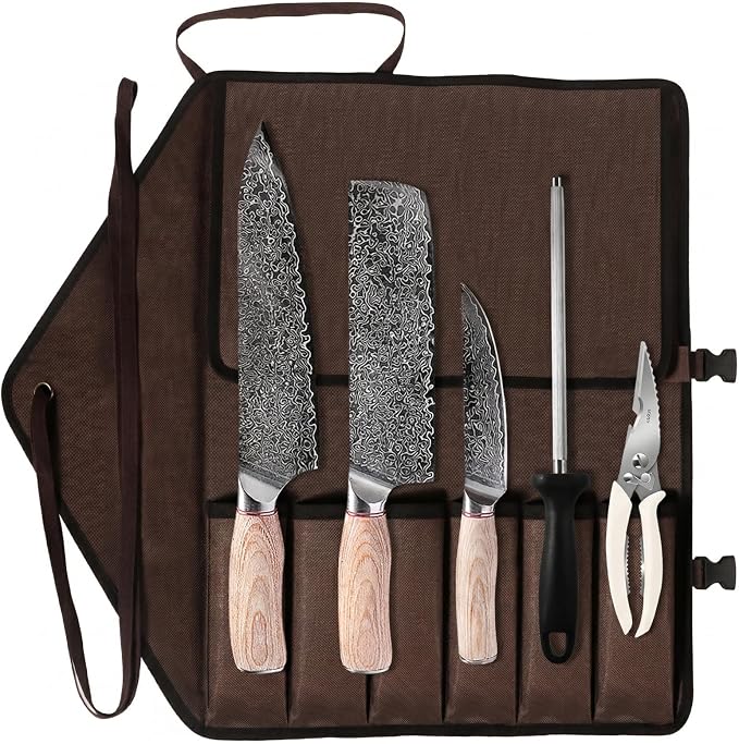KOFERY Hand Forged Damascus Steel Butcher Knife Set with Wood Handles, Sharpener & Shears in Knife Roll for Meat Cutting, BBQ Grilling, Outdoor Camping, Pit Master Gifts for Men