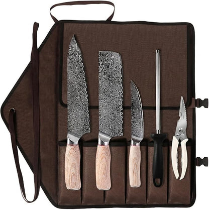 KOFERY Hand Forged Damascus Steel Butcher Knife Set with Wood Handles, Sharpener & Shears in Knife Roll for Meat Cutting, BBQ Grilling, Outdoor Camping, Pit Master Gifts for Men