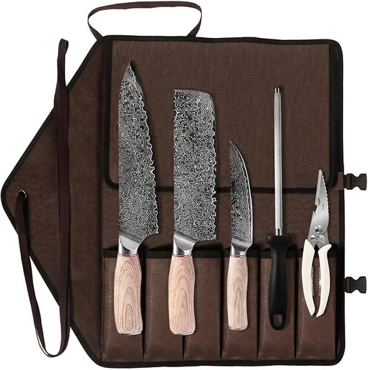 KOFERY Hand Forged Damascus Steel Butcher Knife Set with Wood Handles, Sharpener & Shears in Knife Roll for Meat Cutting, BBQ Grilling, Outdoor Camping, Pit Master Gifts for Men