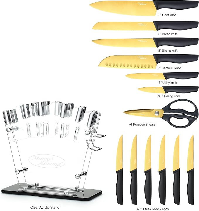 Marco Almond® Gold Knife Set With Block KYA23, 14 Pieces Stainless Steel Chef Cutlery Knives Set for Kitchen with Acrylic Stand