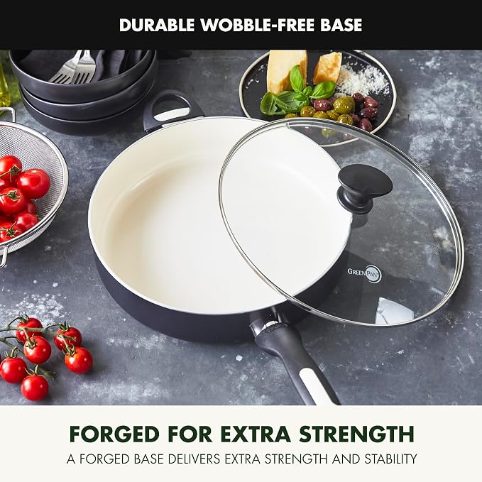 GreenPan Rio Healthy Ceramic Nonstick 5QT Saute Pan Jumbo Cooker with Helper Handle and Lid, PFAS-Free, Dishwasher Safe, Black