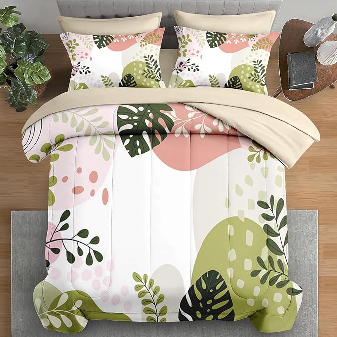 Pamnest Comforter Set King Size, Tropical Leaves Flower 7 Pcs Bedding for Kids and Adults, Vintage Floral Bed Sheet Sets with Fitted Sheet 2 Pillowcase & 2 Sham for Bedroom Bed Decor