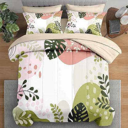 Pamnest Comforter Set King Size, Tropical Leaves Flower 7 Pcs Bedding for Kids and Adults, Vintage Floral Bed Sheet Sets with Fitted Sheet 2 Pillowcase & 2 Sham for Bedroom Bed Decor