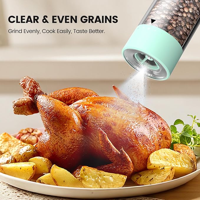 Electric Salt and Pepper Grinder Set - Rechargeable Automatic Salt and Pepper Shakers, Kitchen Appliances with External Adjustable Coarseness, Larger Hopper for Cooking, Home Gifts(2 Pack,Mint Green)