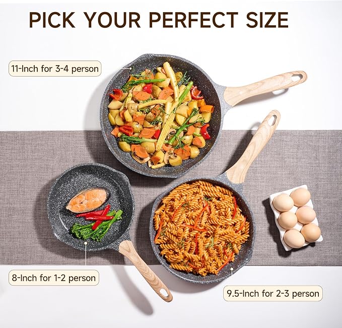 JEETEE Non Stick Frying Pan Set, Frying Pans Nonstick, Omelette Skillet with Soft Touch Handle, 3-Piece Cookware Set 8 Inch 9.5 Inch 11 Inch