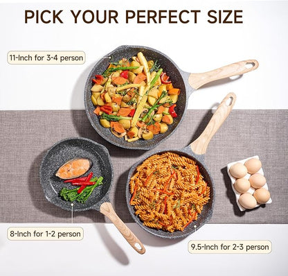 JEETEE Non Stick Frying Pan Set, Frying Pans Nonstick, Omelette Skillet with Soft Touch Handle, 3-Piece Cookware Set 8 Inch 9.5 Inch 11 Inch