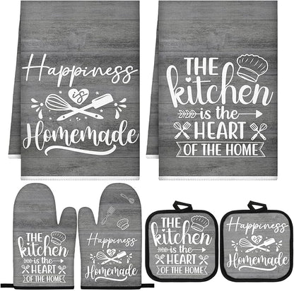 Sratte 6 Pcs Kitchen Decor Accessories Set Farmhouse Towels Pot Holders Oven Mitts Set 2 Dish Towels 2 Potholders 2 Cooking Mittens Oven Glove for Christmas Baking Cooking (Dark Gray)