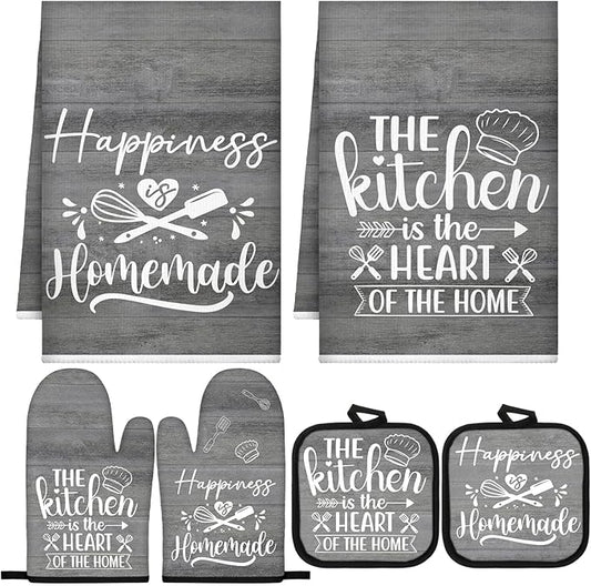 Sratte 6 Pcs Kitchen Decor Accessories Set Farmhouse Towels Pot Holders Oven Mitts Set 2 Dish Towels 2 Potholders 2 Cooking Mittens Oven Glove for Christmas Baking Cooking (Dark Gray)