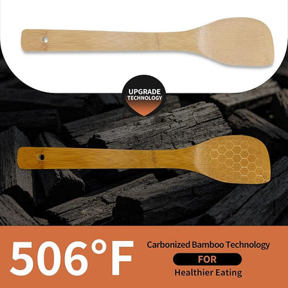 Premium Natural Carbonized Bamboo Kitchen Utensil Set, 6-Piece Non-Scratch Wooden Spoons & Spatulas, Durable Heat-Resistant Tools for Non-Stick Pans (Carbonized Bamboo 02)