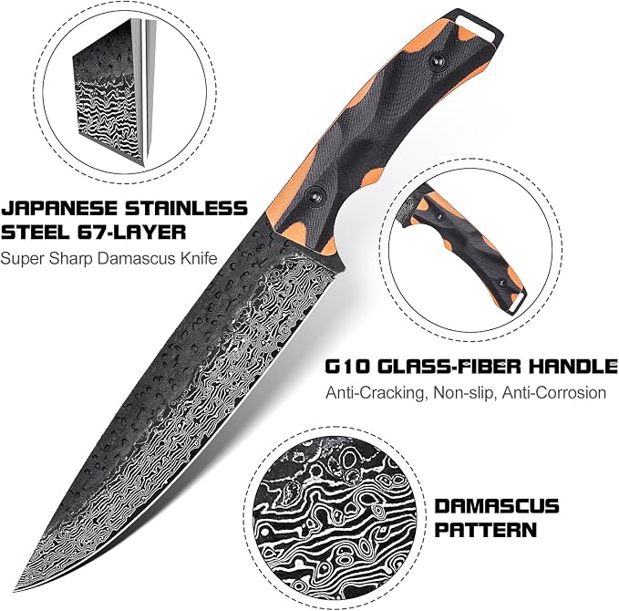 Topfeel 8 Inch Damascus Chef Knife, Professional Kitchen Knife with Japanese VG10 Steel Core, Black Forged Kitchen Knives with G10 Handle, Gifts for Men Women