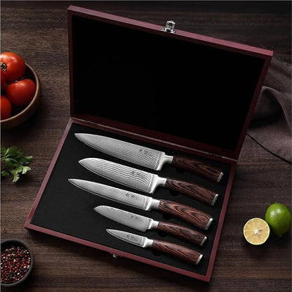 Wakoli EDIB 5-Piece Damascus Knife Set, Professional Kitchen Knives made of 67-Layer Damascus Steel with VG10 Core Blades, Ergonomic Pakkawood Handles, In Wooden Gift Box