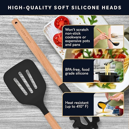 Home Hero 44 Pcs Silicone Kitchen Utensils Set, Non-Stick Silicone Cooking Utensils Set with Spatula, Wooden Handle Spatula, Silicone Kitchen Gadgets Utensil Set (44 Pcs - Black)