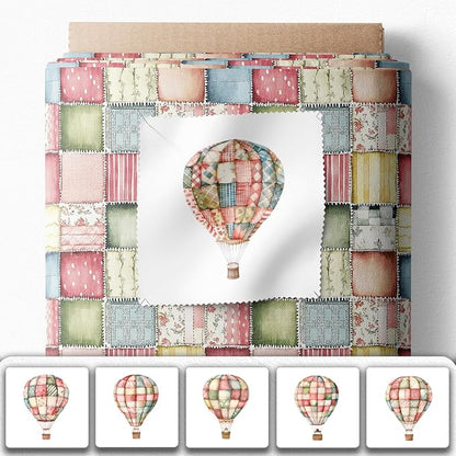 Patchwork Hot Air Balloon Cotton Fabric Panel – 6 Designs (10×10 inch Each) + Bonus Sheet 29.5×19.6 inch, 100% Cotton 140 GSM, Made in Türkiye