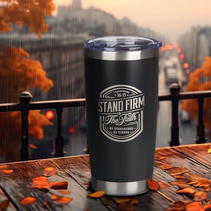 Christian Art Gifts Large Stainless Steel Inspirational Travel Mug Tumbler for Men & Women: Stand Firm Encouraging Bible Verse, Double Wall Vacuum Insulated w/Lid, Hot/Cold Beverage, Black, 18 oz.