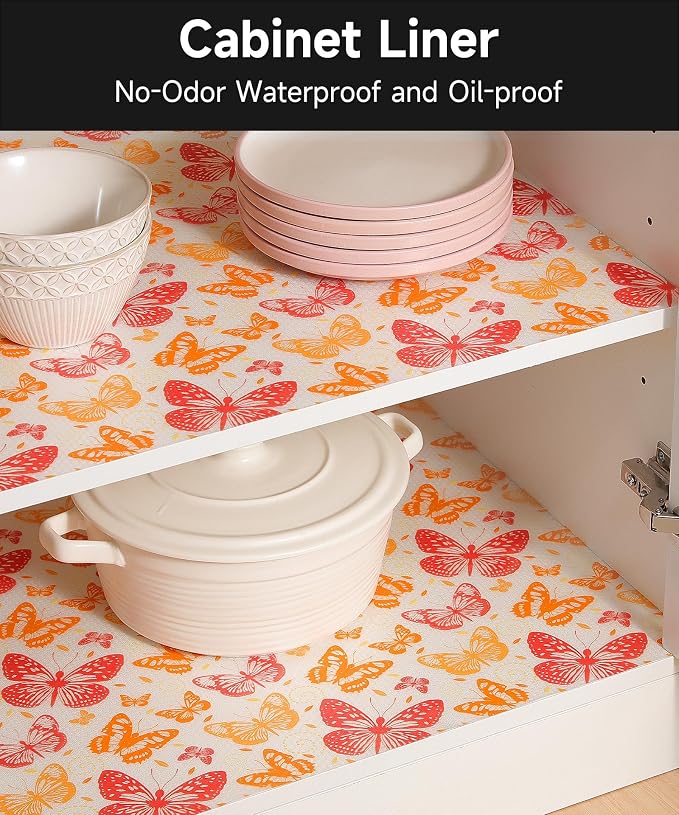 Cooyes Drawer & Shelf Liner, Waterproof Non-Adhesive Cabinet Liners Protect and Decorate Kitchen Cupboard and Bathroom Drawers, Easy to Cut & Install (Red Butterfly, 11.8" W x 118" L)