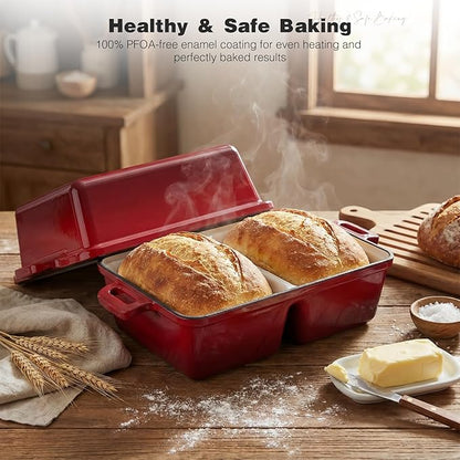 Double Dutch Oven for Sourdough Bread Baking,Enameled Cast Iron Dutch Oven with Lid,Double-Chamber Square Mini Sourdough Loaf Pan for Homemade Bread, Red(Patent Has Been Applied for)