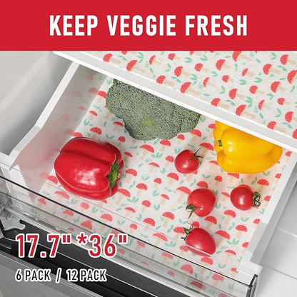 Cooyes 6 Pack Cloth Shelf Liners for Kitchen Cabinets, 17.7" × 36", Non-Slip Refrigerator Liners Machine Washable, Freezer Drawer Mats for Glass Shelves and Kitchen Cabinets, (Red Mushroom)