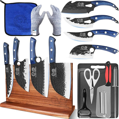 XYJ Authentic Since 1986,Knife Block Set,Knives with Magnetic Knife Block,Sharpener Rod,Scissors,Cutting Board,Gloves,Boning Slicing Bread Cleaver Vegetable Butcher Kitchen Knives,Full Tang