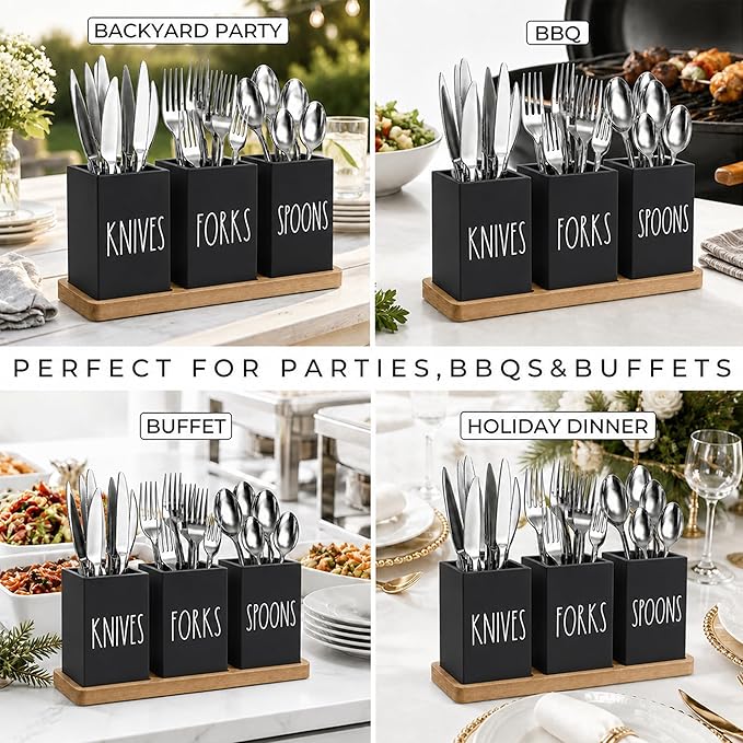 Farmhouse Silverware Holder, Rustic Wood Silverware Caddy with Tray, Spoon Fork Knives Flatware Dispenser, Utensil Countertop Organizer, Plastic Cutlery Holder for Kitchen Party (Black)