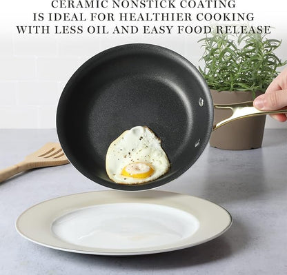 Martha Stewart Lockton 14 Piece Premium Non-Stick Heavy-Gauge Aluminum Cookware Combo Set (Pots, Pans, and Tools) - Black w/Gold Handles