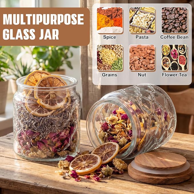 Suclain 6 Pcs 17 OZ Vintage Glass Jar with Acacia Wood Lids Airtight Glass Storage Canisters Kitchen Spice Jars Food Storage Containers for Pantry Coffee Grains Tea Sugar Flour(Lantern)