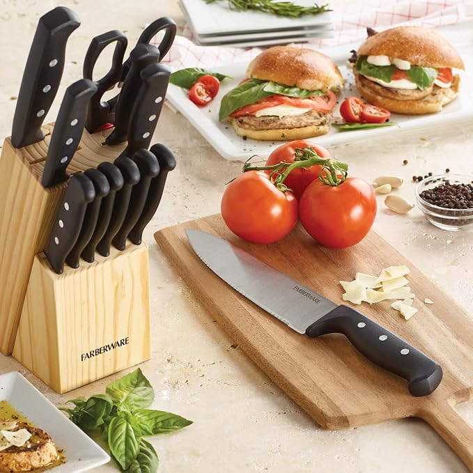 Farberware 22-Piece Never Needs Sharpening Triple Rivet High-Carbon Stainless Steel Knife Block and Kitchen Tool Set, Black, Durable AND Precision Cutlery