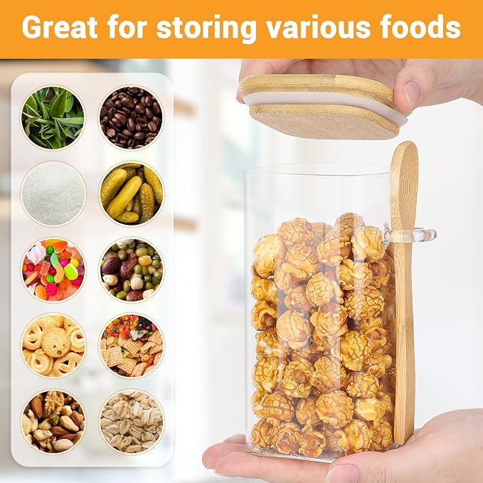 Glass Jars with Bamboo Lids and Spoons - 4 Pack 23 Fl.oz Square Glass Pantry Jars with Airtight Lid, Includes Labels and Marker, Loose Leaf Tea Storage Container for Sugar, Coffee, Oats, Candy