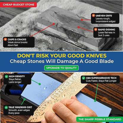 Sharp Pebble Complete Whetstone Knife Sharpening System – 1000/6000 Grit Wet Stone Sharpener Kit with Built-In Angle Guides (15°/17°/20°/22°) – Beginner-Friendly